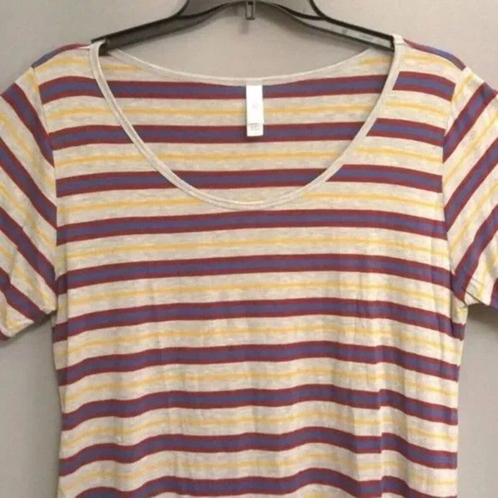 LuLaRoe Classic Tee Shirt Women's XL Striped Red Yellow Blue Cream Short Sleeve